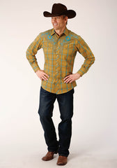 Roper Mens Long Sleeve Snap Butterscotch Turquoise Plaid Western Shirt - Roper