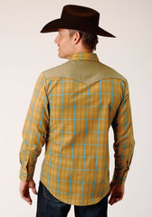 Roper Mens Long Sleeve Snap Butterscotch Turquoise Plaid Western Shirt - Roper