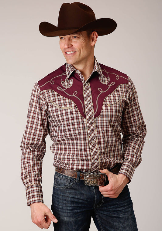 Roper Mens Long Sleeve Snap Wine Cream Tan Small Scale Plaid Western Shirt - Roper