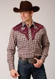 Roper Mens Long Sleeve Snap Wine Cream Tan Small Scale Plaid Western Shirt - Roper
