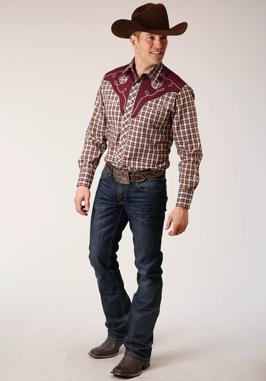 Roper Mens Long Sleeve Snap Wine Cream Tan Small Scale Plaid Western Shirt - Roper