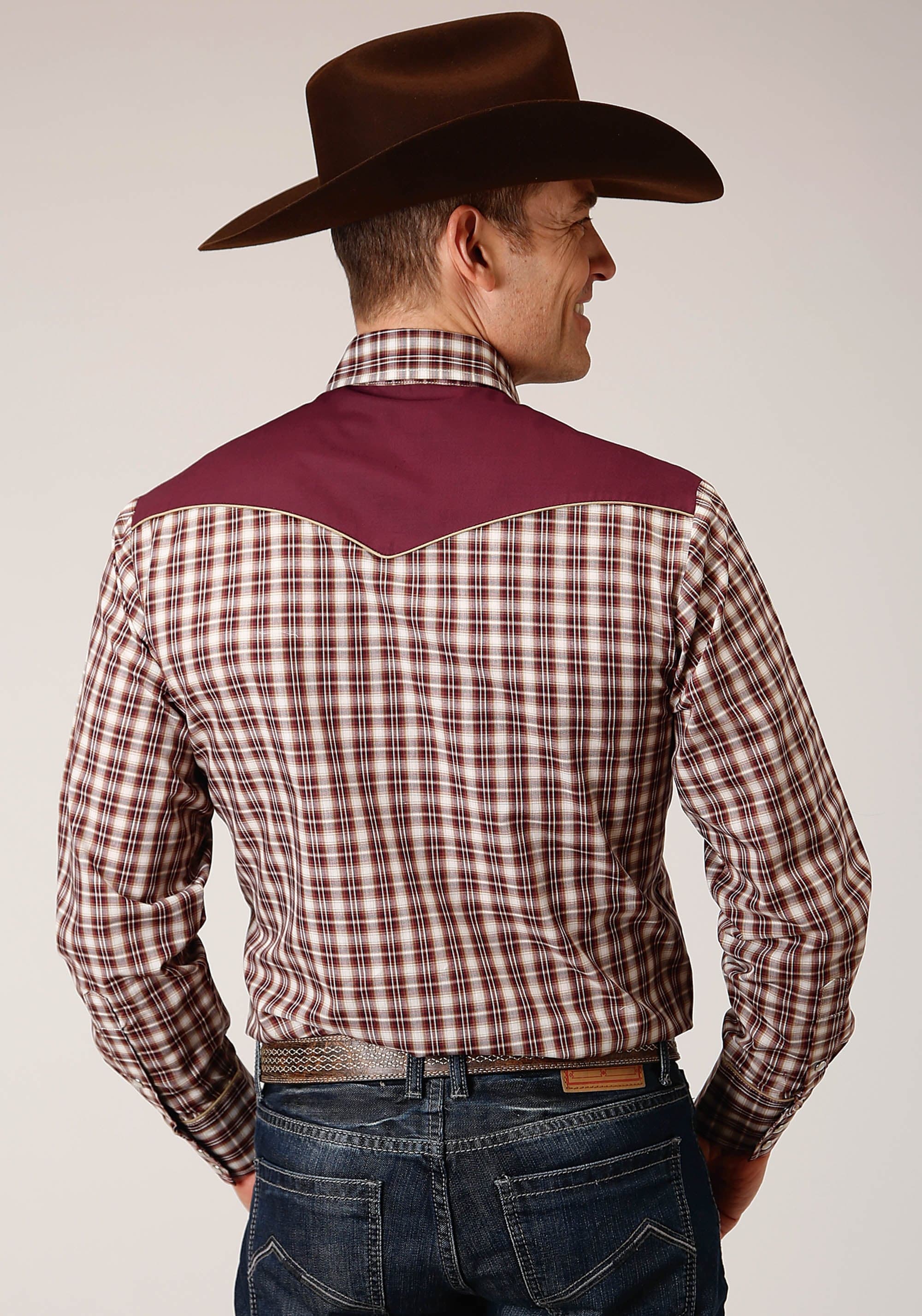 Roper Mens Long Sleeve Snap Wine Cream Tan Small Scale Plaid Western Shirt - Roper
