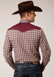 Roper Mens Long Sleeve Snap Wine Cream Tan Small Scale Plaid Western Shirt - Roper
