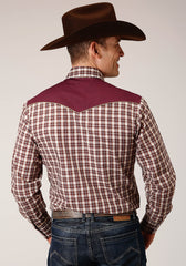 Roper Mens Long Sleeve Snap Wine Cream Tan Small Scale Plaid Western Shirt - Roper