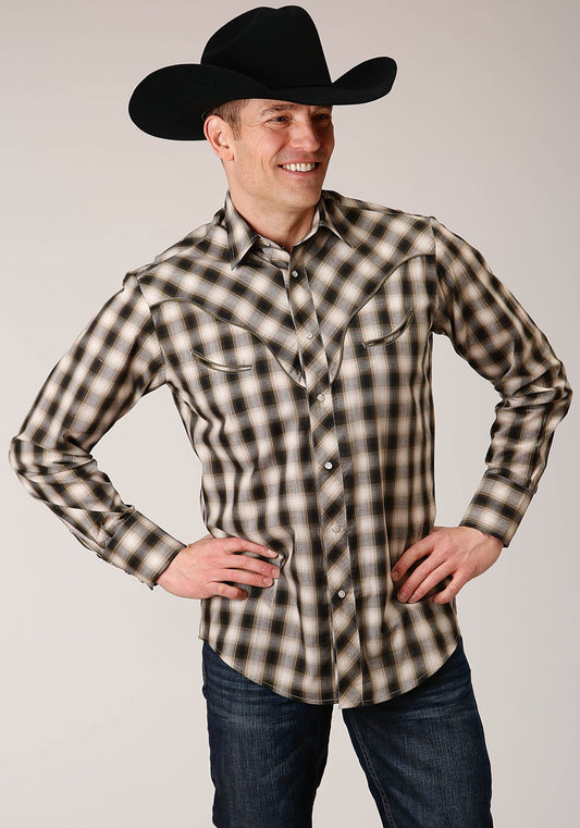 Roper Mens Long Sleeve Snap Black  Cream  And Olive Plaid Western Shirt - Roper