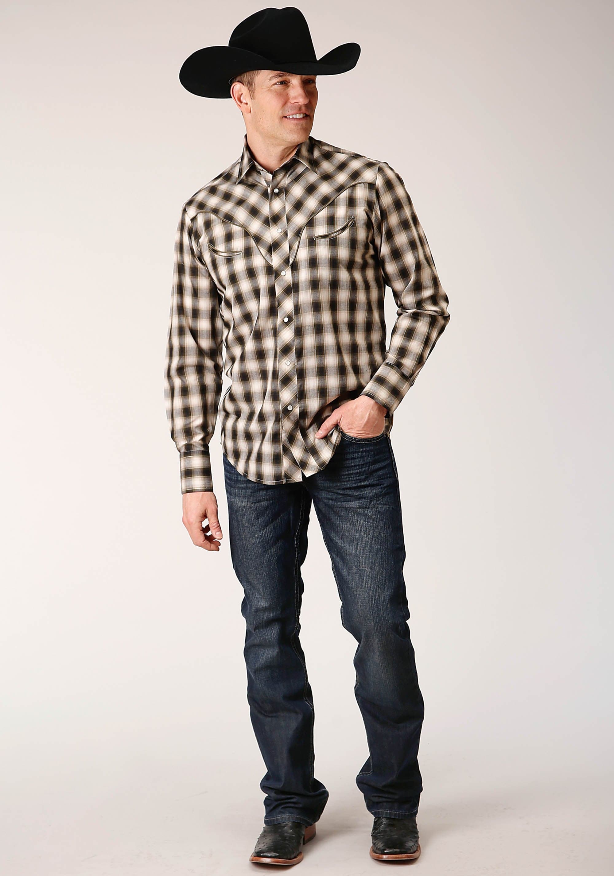 Roper Mens Long Sleeve Snap Black  Cream  And Olive Plaid Western Shirt - Roper