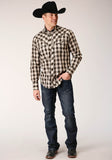 Roper Mens Long Sleeve Snap Black  Cream  And Olive Plaid Western Shirt - Roper