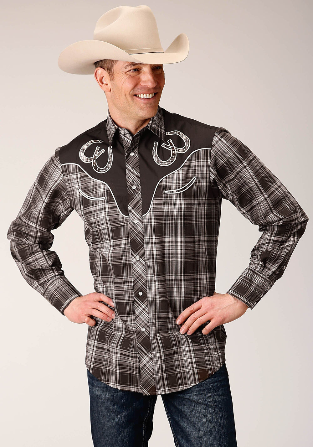 Roper Mens Long Sleeve Snap Chocolate And Cream Plaid Western Shirt - Roper