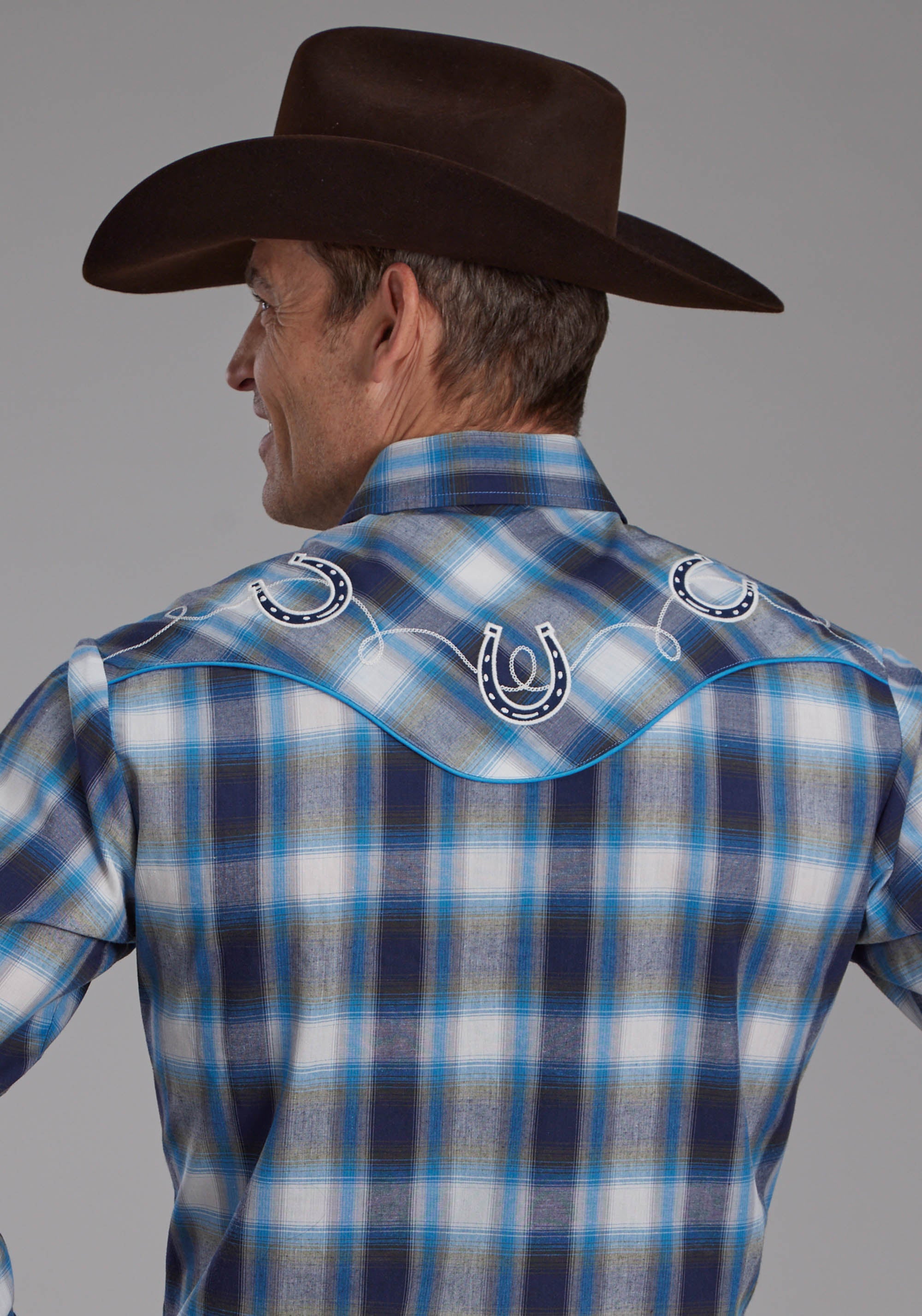 Roper Mens Multi Blue And White Plaid Long Sleeve Snap Western Shirt
