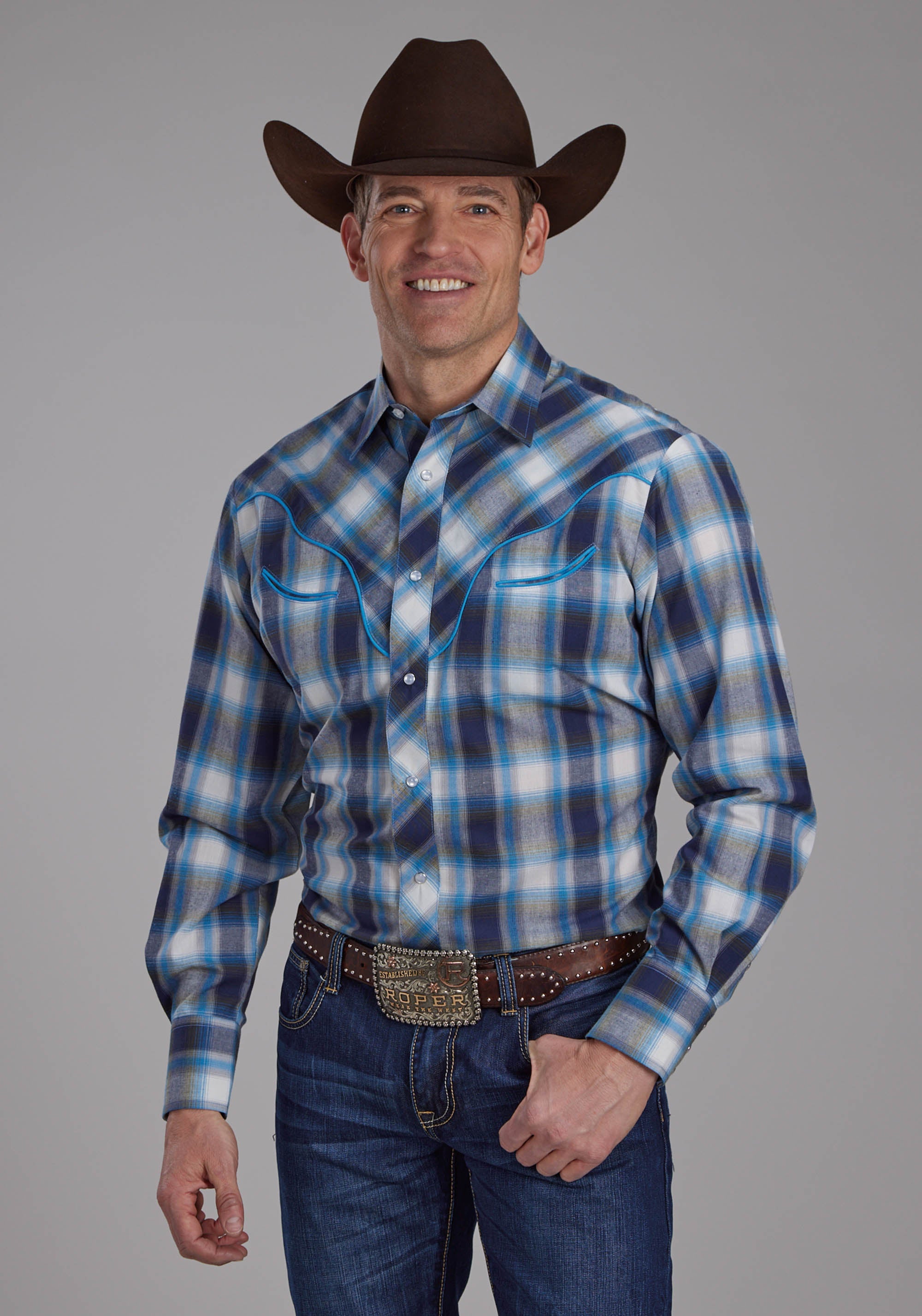 Roper Mens Multi Blue And White Plaid Long Sleeve Snap Western Shirt