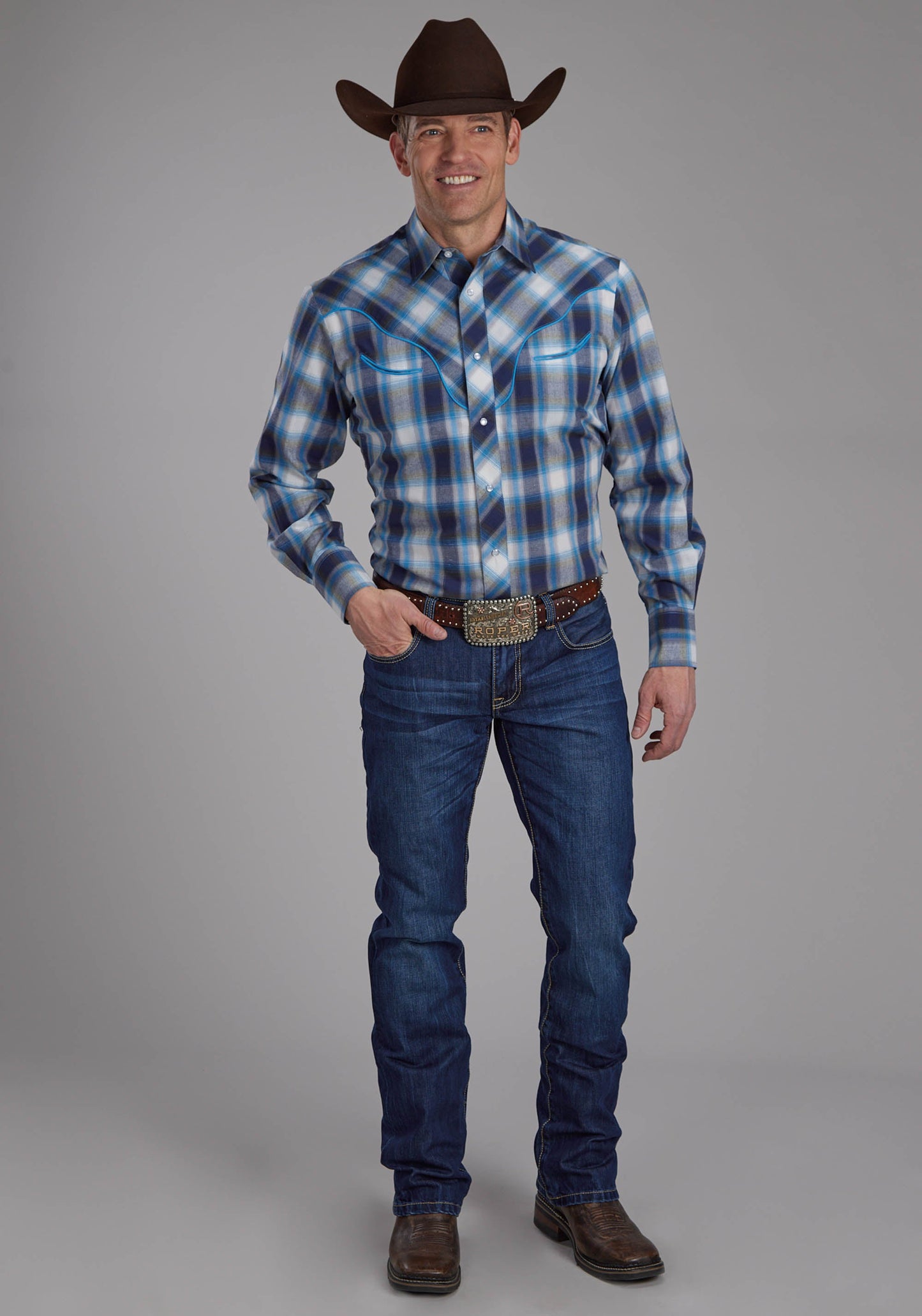 Roper Mens Multi Blue And White Plaid Long Sleeve Snap Western Shirt