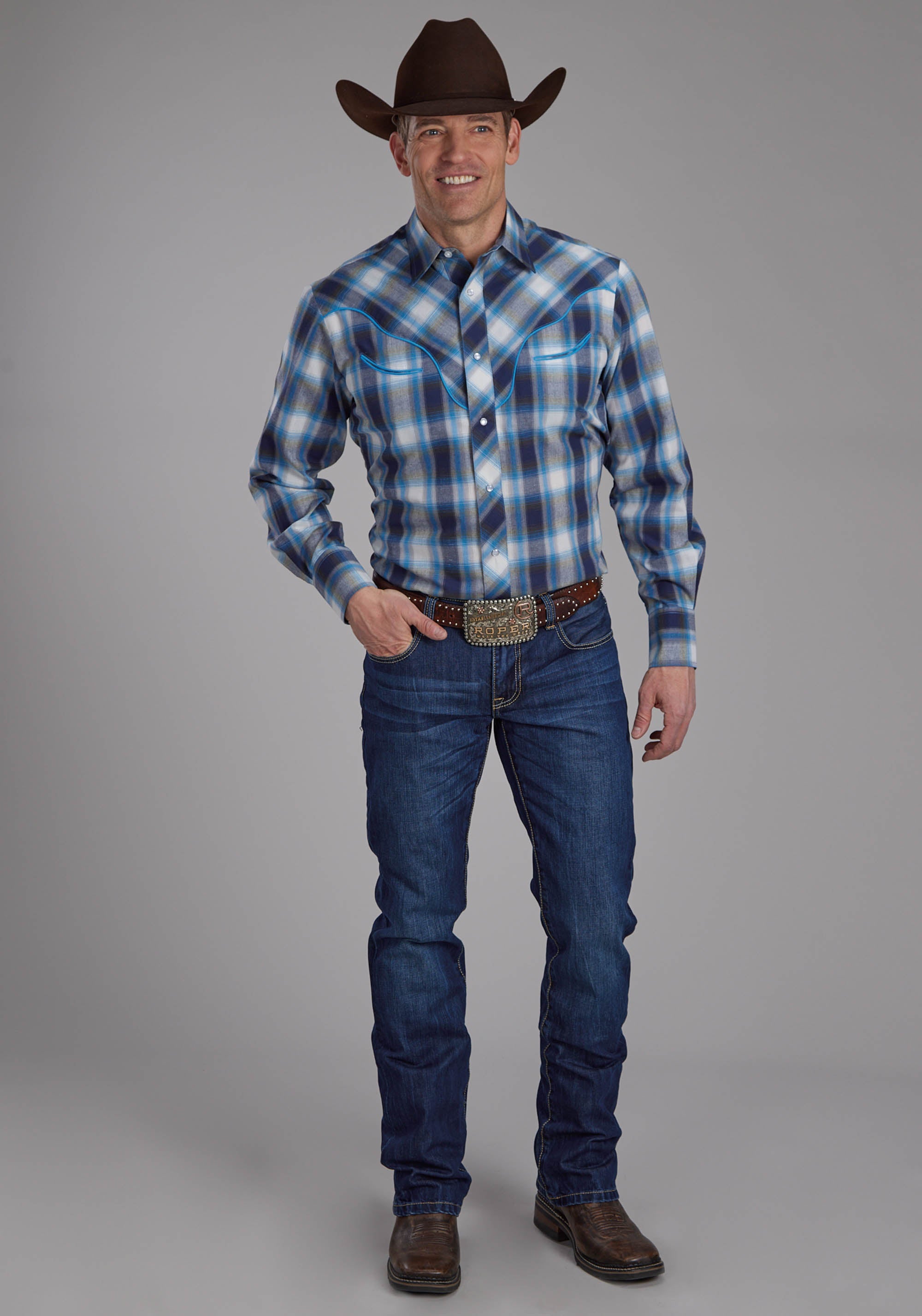 Roper Mens Multi Blue And White Plaid Long Sleeve Snap Western Shirt