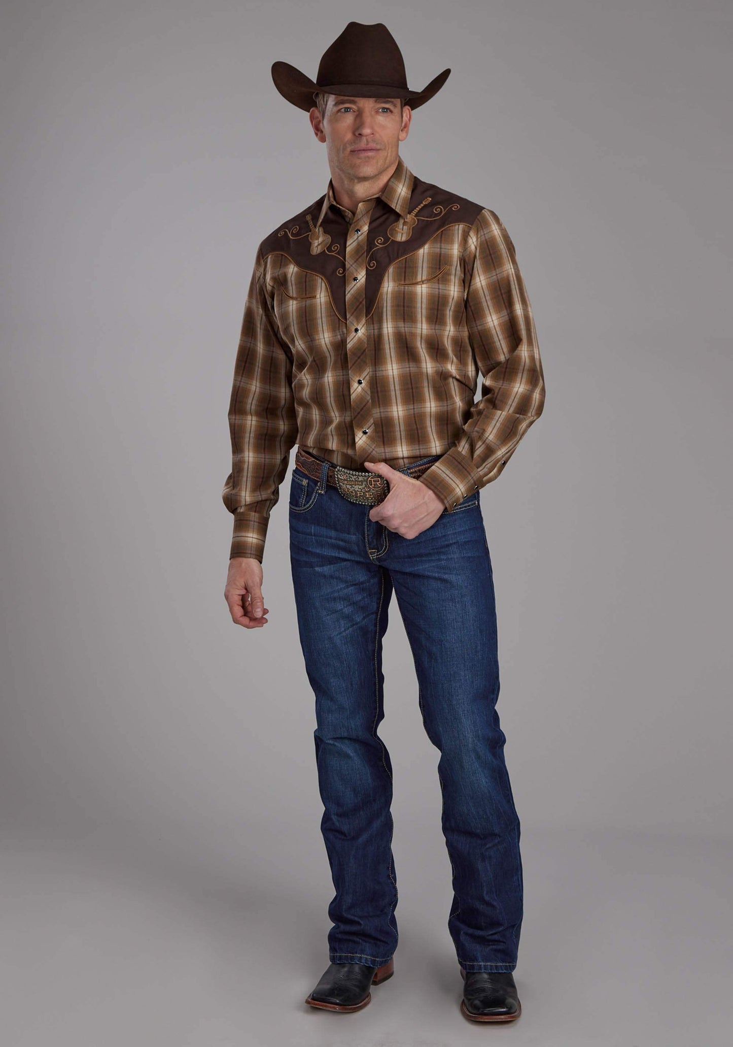 Roper Mens Tobacco, Black, And Red Plaid Long Sleeve Snap Western Shirt - Roper - Flyclothing LLC