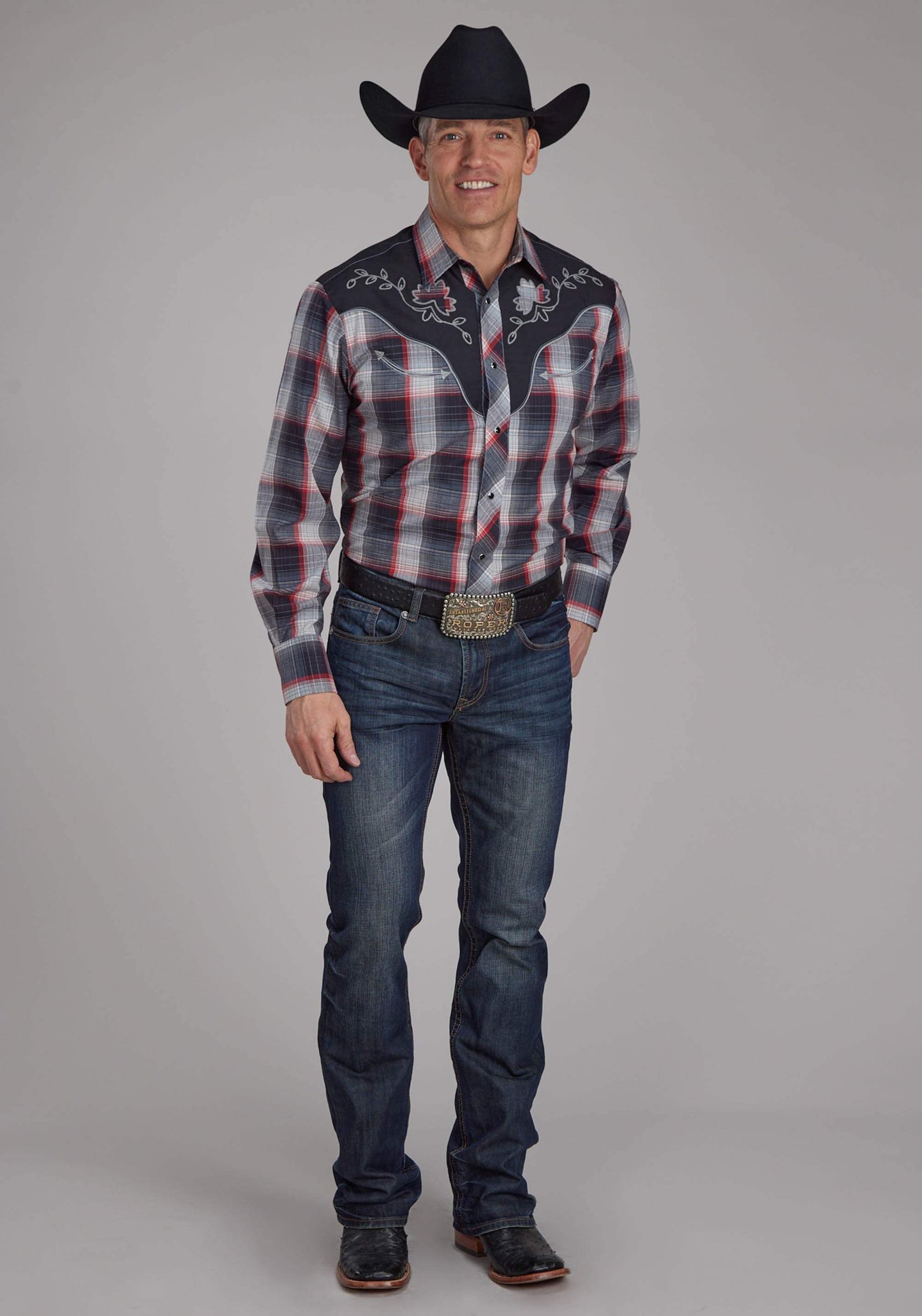 Roper Mens Black Gray Cream And Red Plaid Long Sleeve Snap Western Shirt - Roper - Flyclothing LLC
