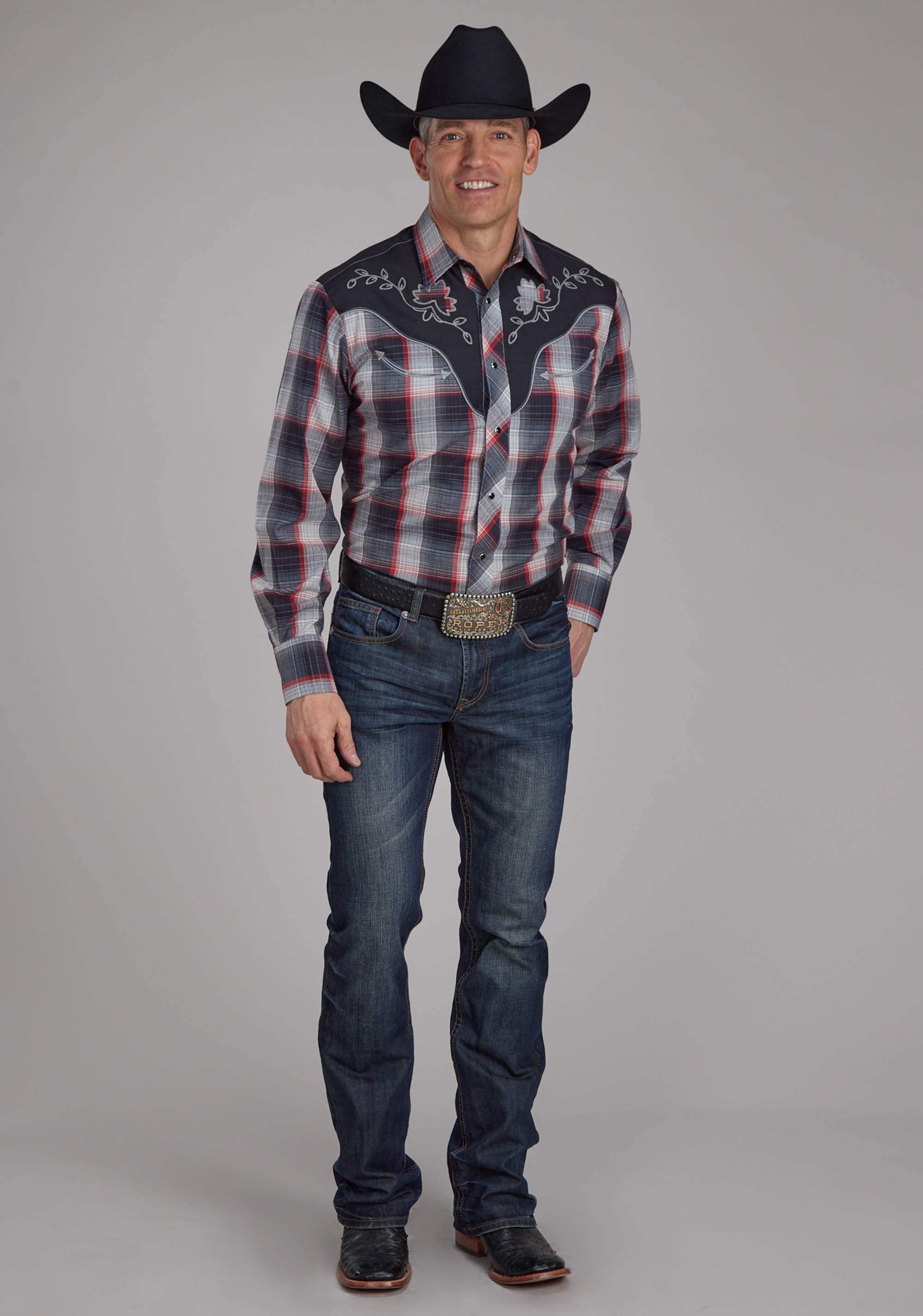 Roper Mens Black Gray Cream And Red Plaid Long Sleeve Snap Western Shirt - Roper - Flyclothing LLC