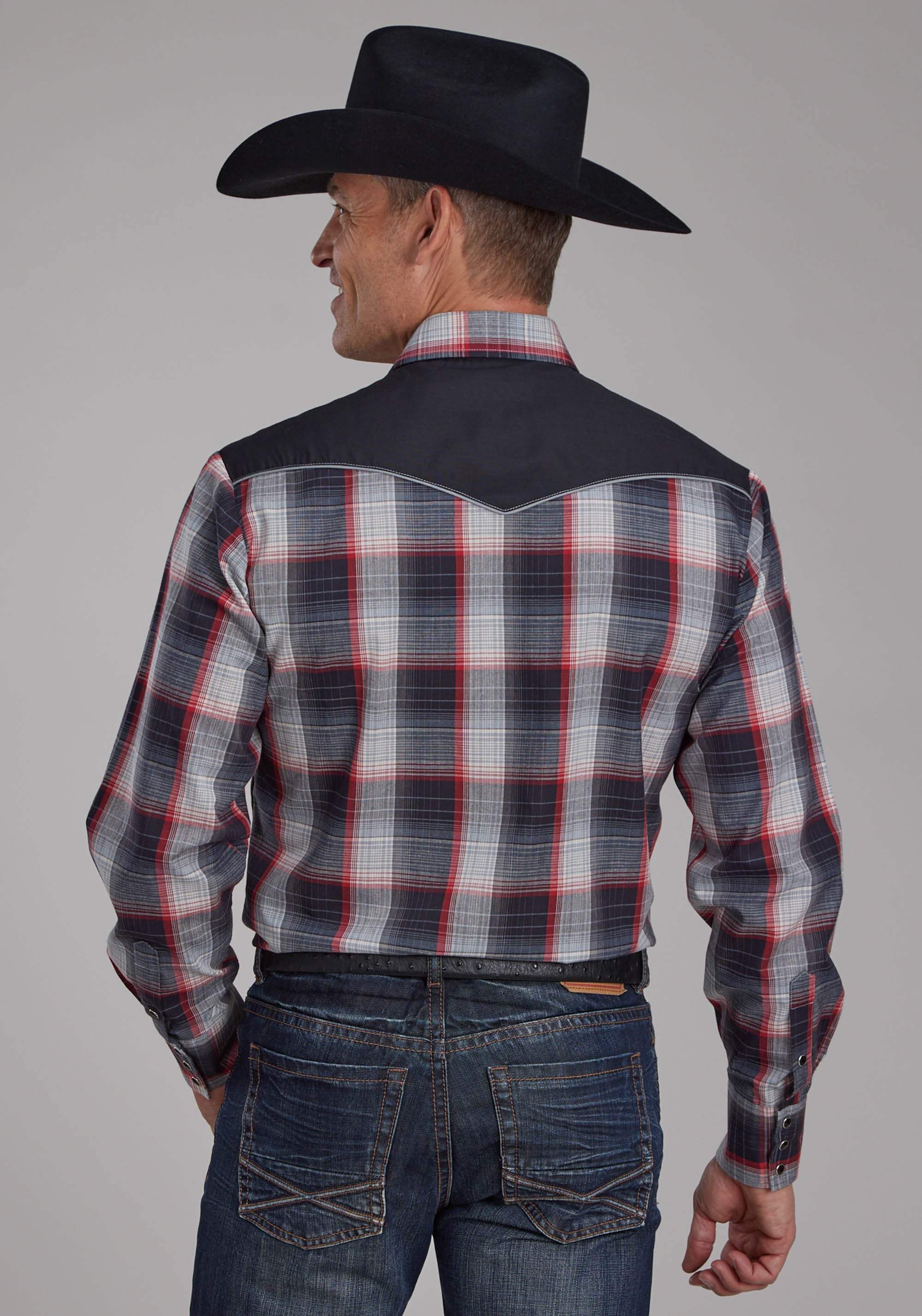 Roper Mens Black Gray Cream And Red Plaid Long Sleeve Snap Western Shirt - Roper - Flyclothing LLC
