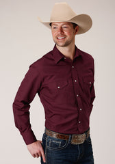 Roper Mens Long Sleeve Snap Solid Broadcloth  Wine Western Shirt - Roper
