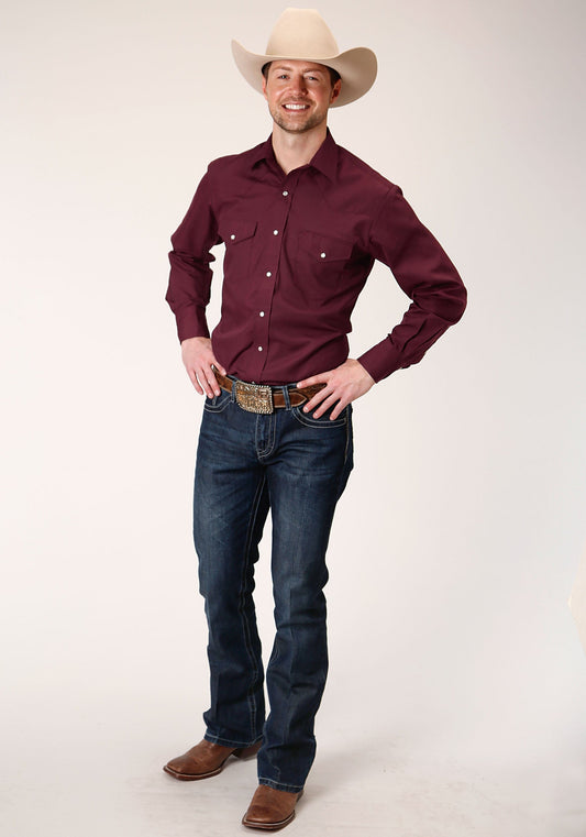 Roper Mens Long Sleeve Snap Solid Broadcloth  Wine Western Shirt - Roper