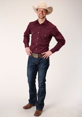 Roper Mens Long Sleeve Snap Solid Broadcloth  Wine Western Shirt - Roper