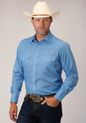 Roper Mens Long Sleeve Snap Solid Broadcloth  Heritage Blue Western Shirt - Roper