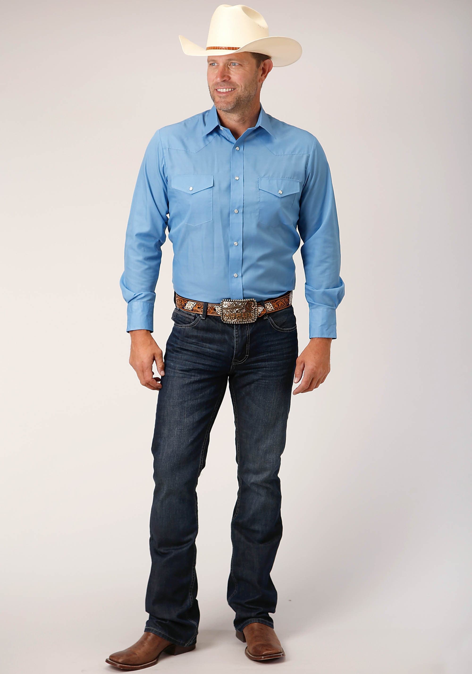 Roper Mens Long Sleeve Snap Solid Broadcloth  Heritage Blue Western Shirt - Roper