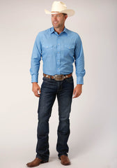 Roper Mens Long Sleeve Snap Solid Broadcloth  Heritage Blue Western Shirt - Roper