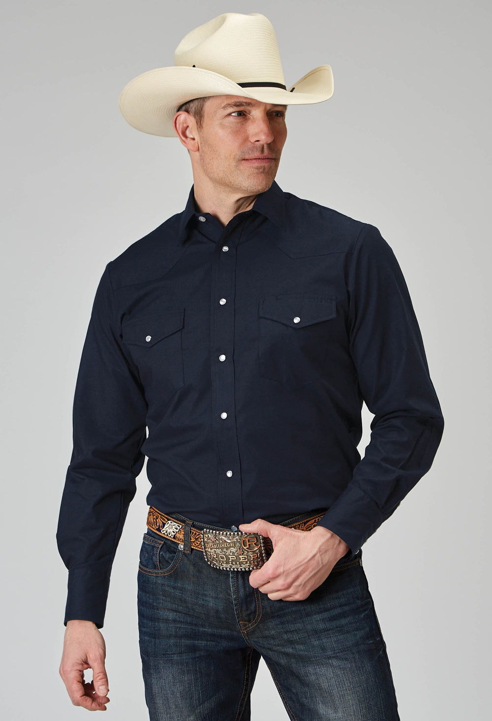 Roper Mens Long Sleeve Snap Solid Broadcloth Deep Navy Western Shirt - Roper