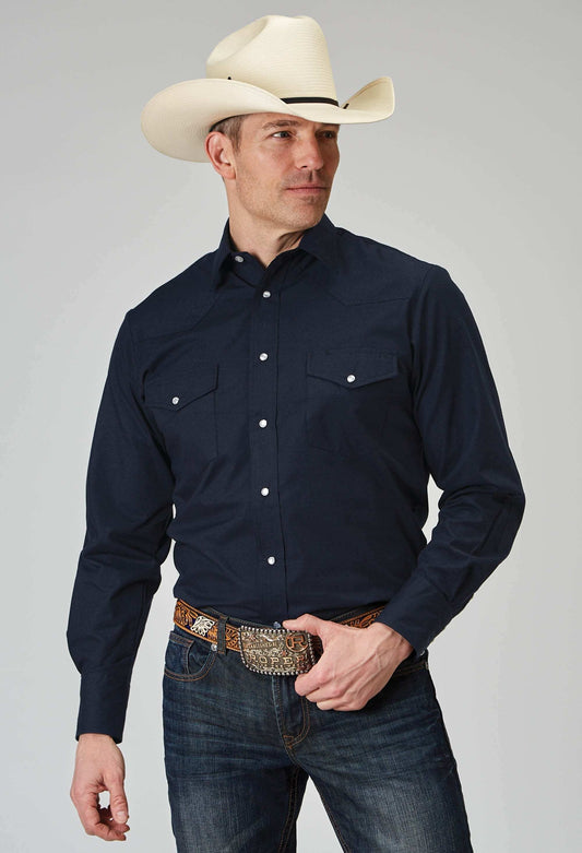 Roper Mens Long Sleeve Snap Solid Broadcloth Deep Navy Western Shirt - Roper - Flyclothing LLC