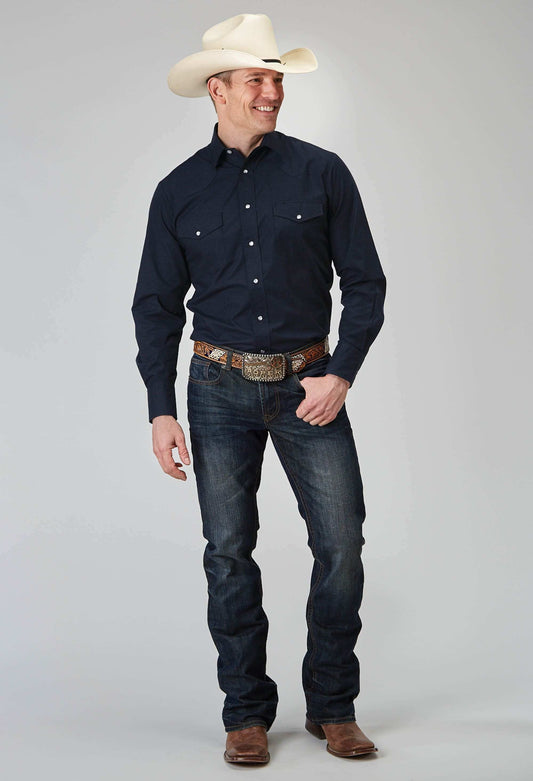 Roper Mens Long Sleeve Snap Solid Broadcloth Deep Navy Western Shirt - Roper - Flyclothing LLC