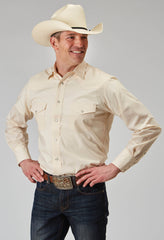 Roper Mens Long Sleeve Snap Solid Broadcloth Warm Ecru Western Shirt - Roper