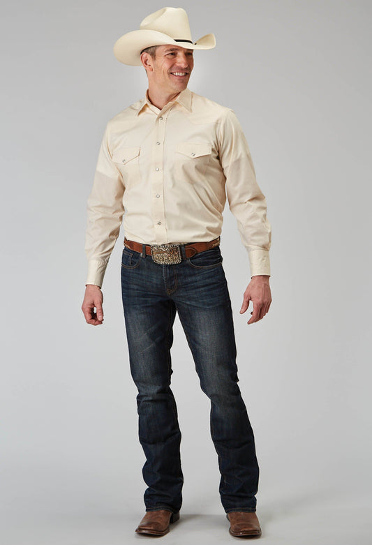 Roper Mens Long Sleeve Snap Solid Broadcloth Warm Ecru Western Shirt - Roper