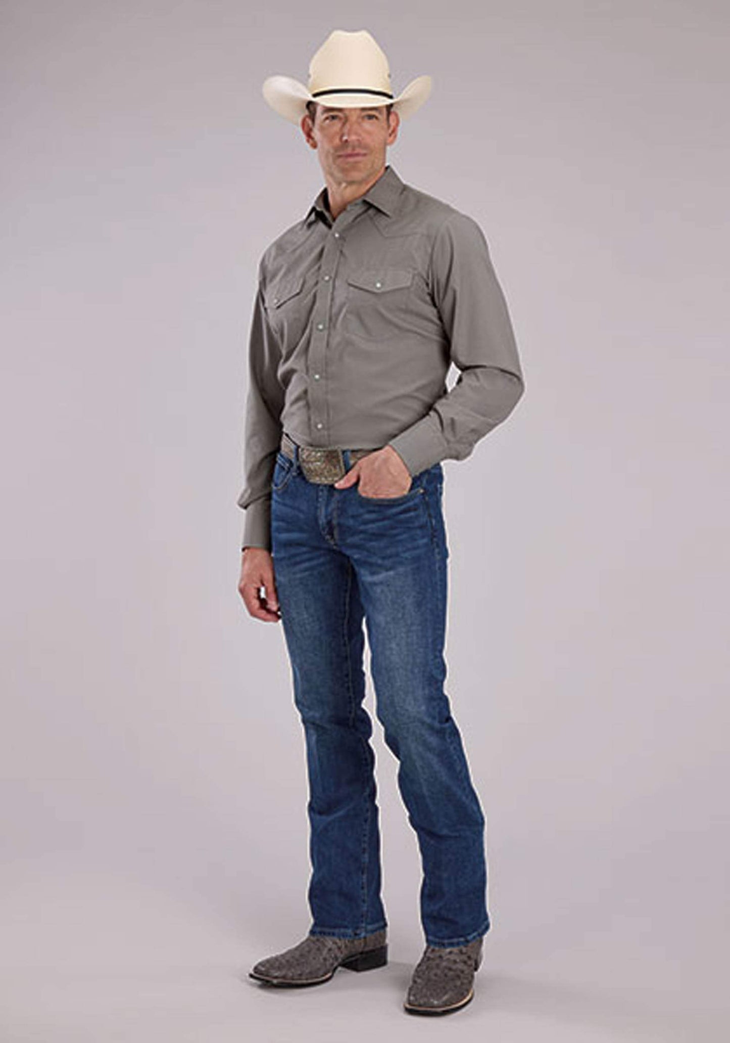 Roper Mens Long Sleeve Snap Solid Broadcloth - Light Smokey Grey Western Shirt - Roper - Flyclothing LLC