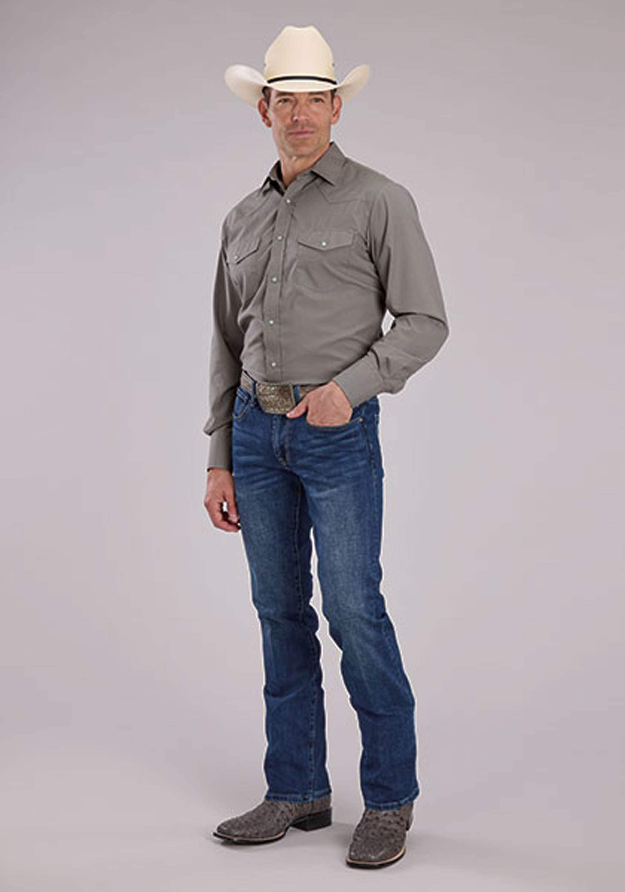 Roper Mens Long Sleeve Snap Solid Broadcloth - Light Smokey Grey Western Shirt - Roper - Flyclothing LLC