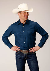 Roper Mens Long Sleeve Snap Solid Broadcloth  Summer Navy Western Shirt - Roper