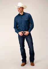 Roper Mens Long Sleeve Snap Solid Broadcloth  Summer Navy Western Shirt - Roper