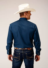 Roper Mens Long Sleeve Snap Solid Broadcloth  Summer Navy Western Shirt - Roper