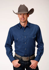 Roper Mens Long Sleeve Snap Solid Broadcloth  Denim Blue Western Shirt - Roper