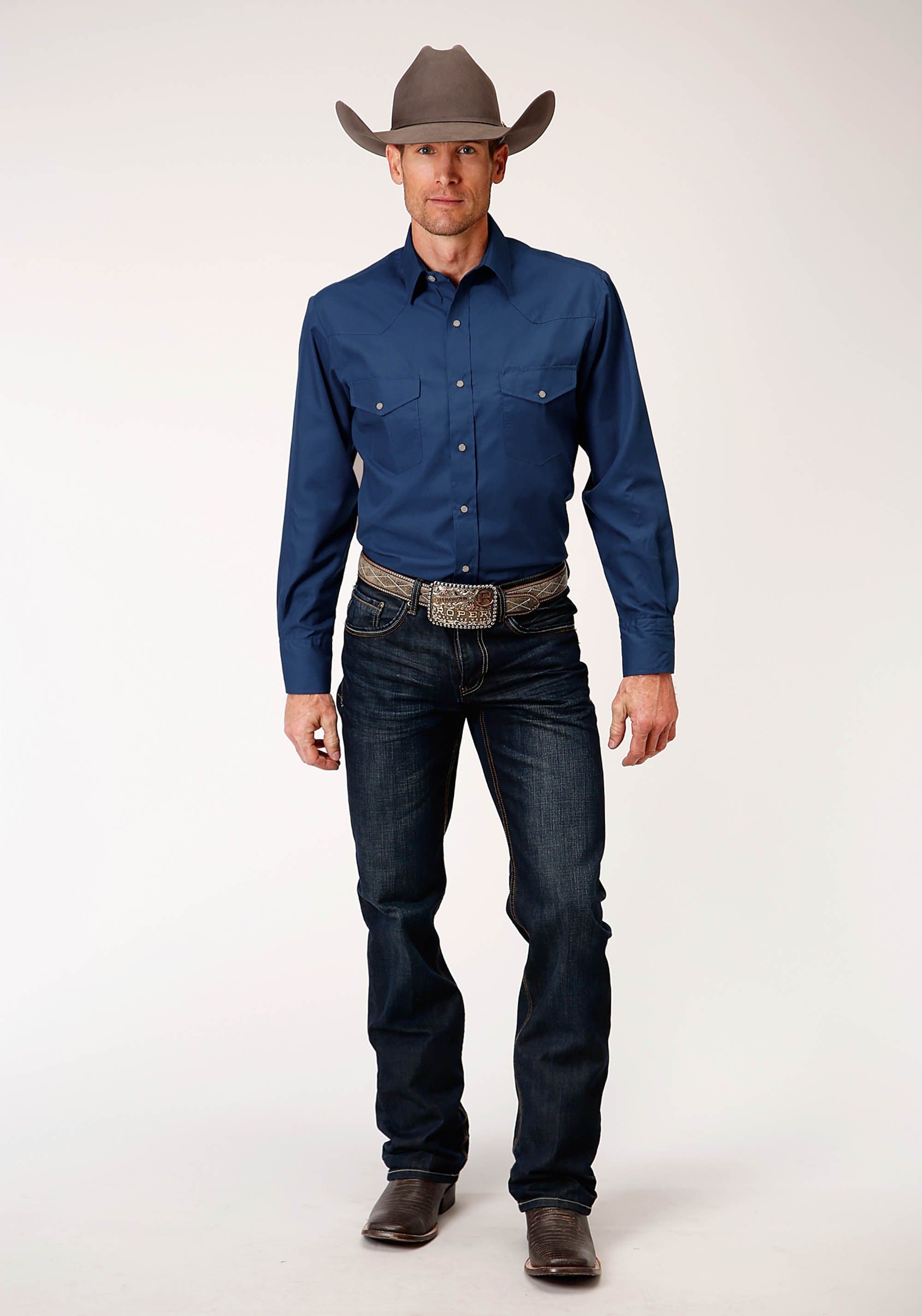 Roper Mens Long Sleeve Snap Solid Broadcloth  Denim Blue Western Shirt - Roper