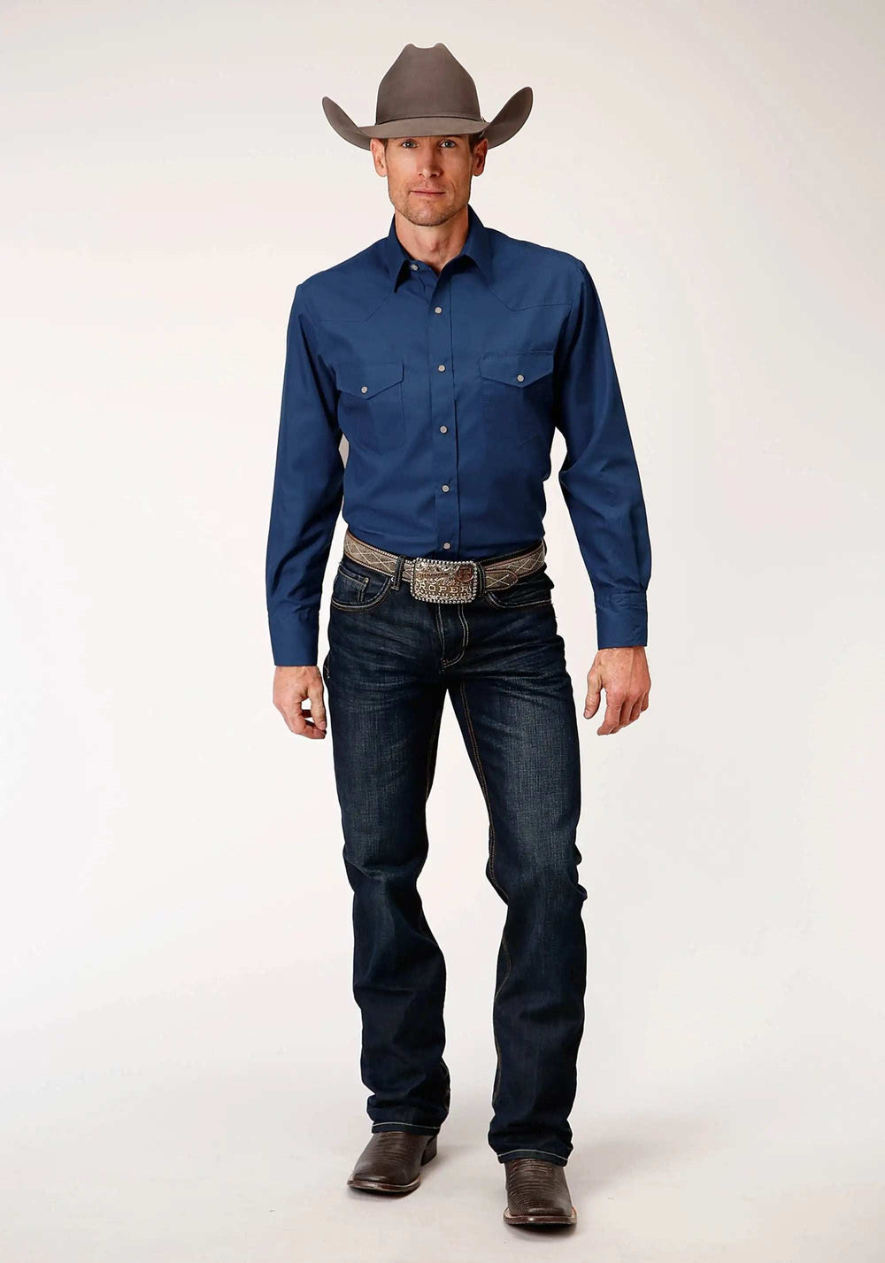 Roper Mens Long Sleeve Snap Solid Broadcloth Denim Blue Western Shirt - Roper - Flyclothing LLC
