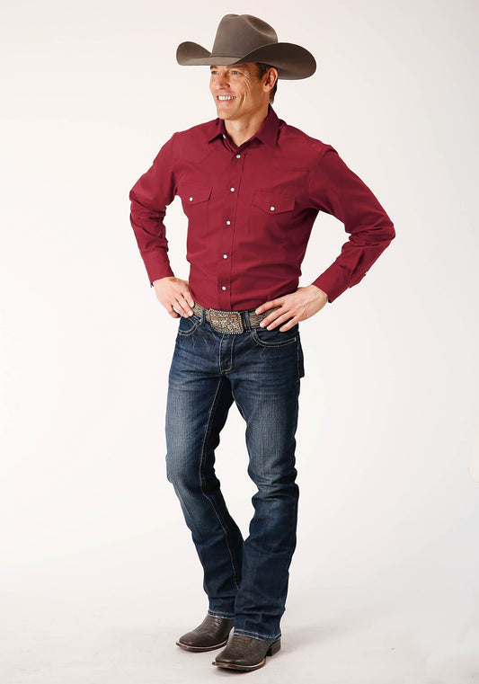 Roper Mens Long Sleeve Snap Solid Broadcloth  Deepoly Rayonusset Western Shirt - Roper