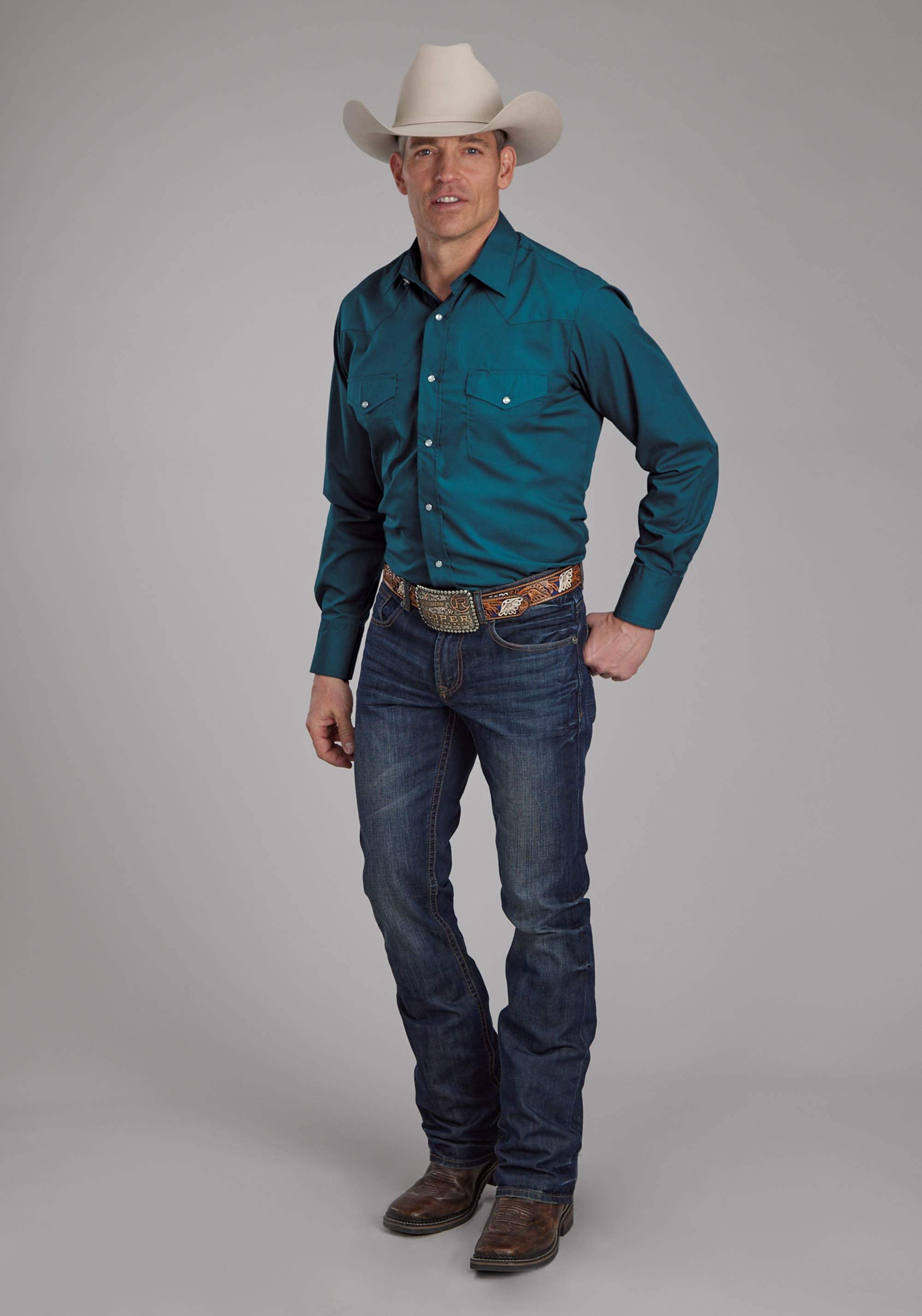 Roper Mens Solid Blue Steel Long Sleeve Snap Western Shirt - Roper - Flyclothing LLC