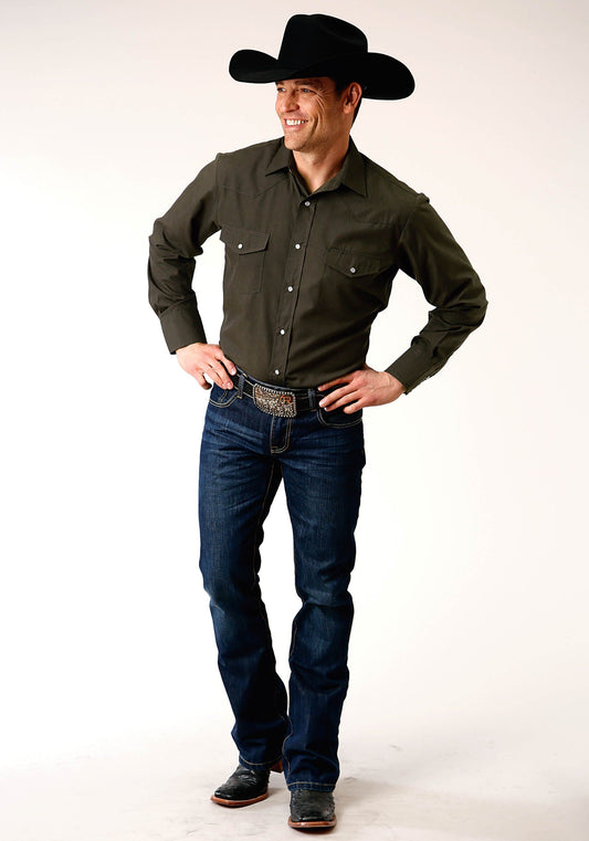 Roper Mens Long Sleeve Snap Solid Broadcloth  Deep Olive Western Shirt - Roper