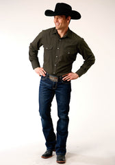 Roper Mens Long Sleeve Snap Solid Broadcloth  Deep Olive Western Shirt - Roper