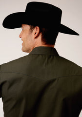 Roper Mens Long Sleeve Snap Solid Broadcloth  Deep Olive Western Shirt - Roper