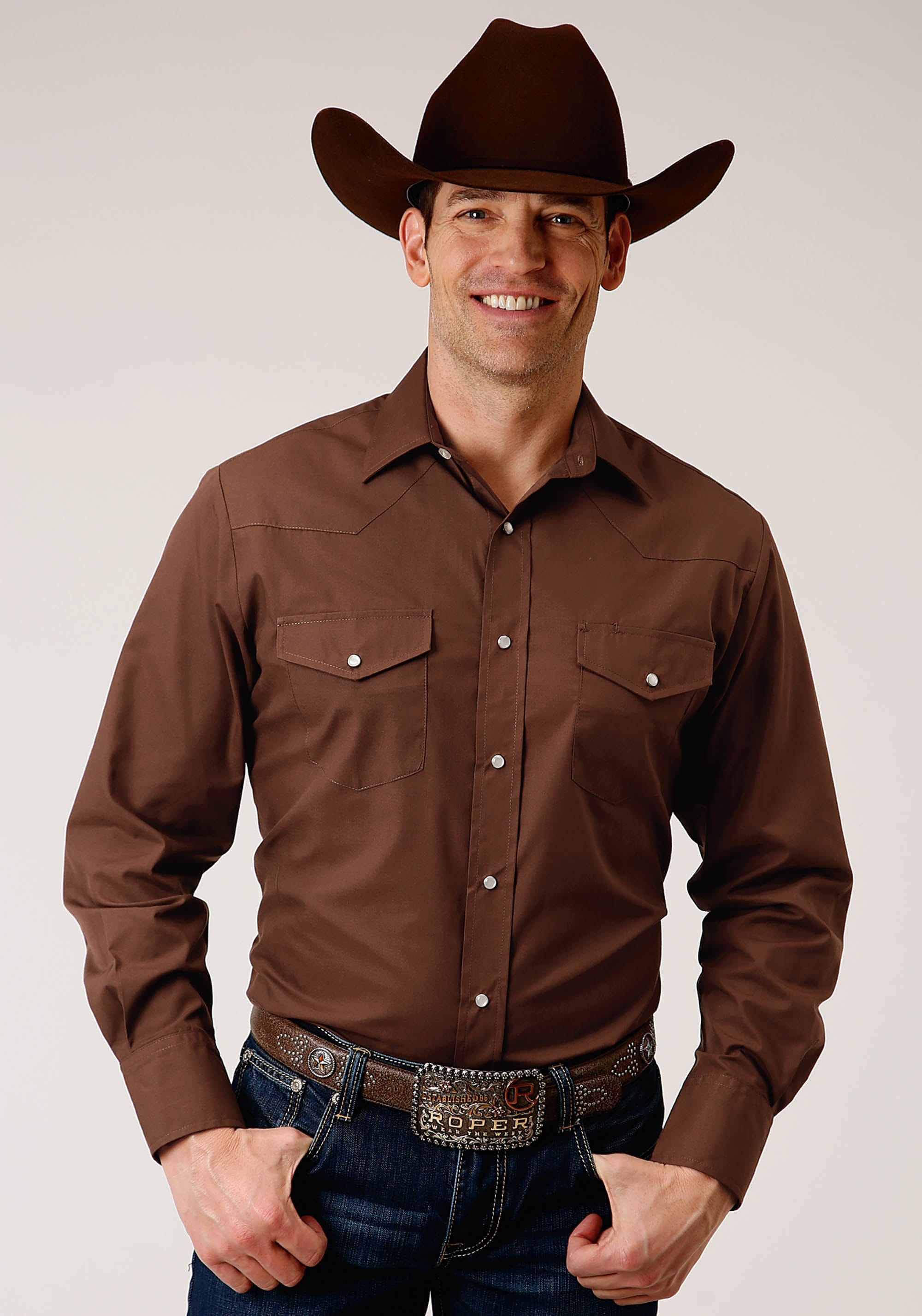 Roper Mens Long Sleeve Snap Solid Broadcloth  Warm Brown Western Shirt - Roper