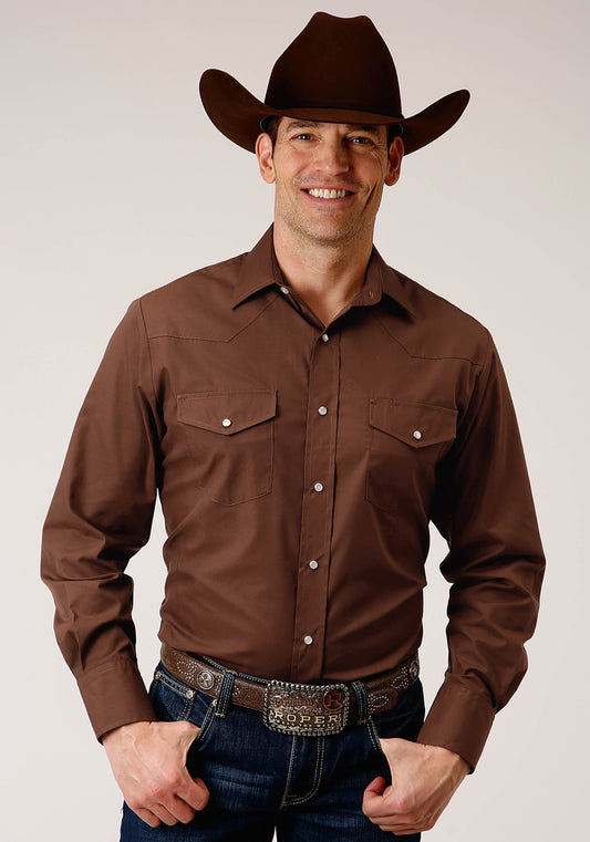 Roper Mens Long Sleeve Snap Solid Broadcloth  Warm Brown Western Shirt - Roper