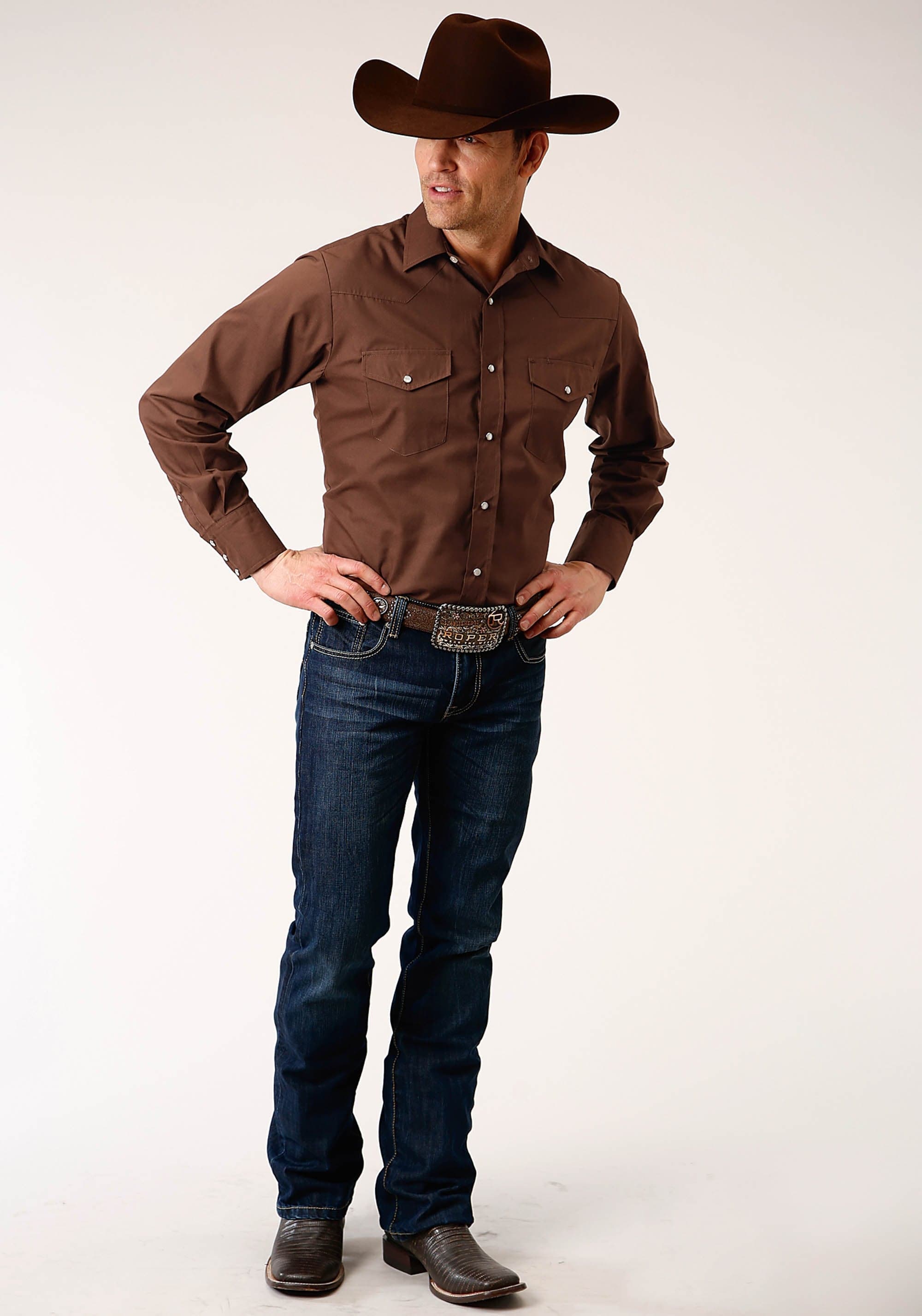 Roper Mens Long Sleeve Snap Solid Broadcloth  Warm Brown Western Shirt - Roper