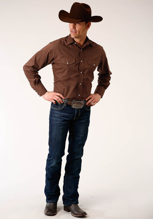 Roper Mens Long Sleeve Snap Solid Broadcloth  Warm Brown Western Shirt - Roper
