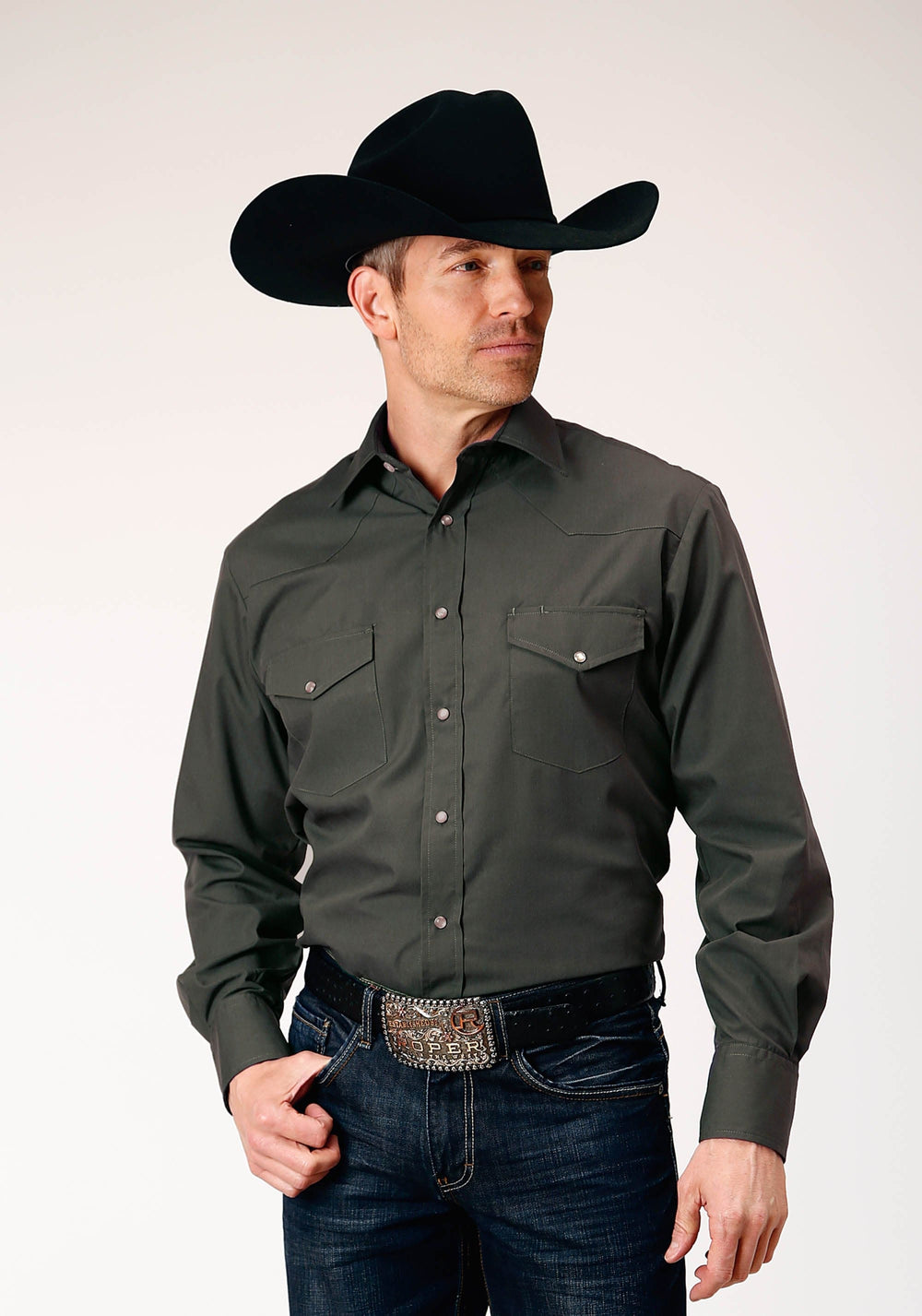 Roper Mens Long Sleeve Snap Dark Charcoal Grey Solid Broadcloth Western Shirt - Roper