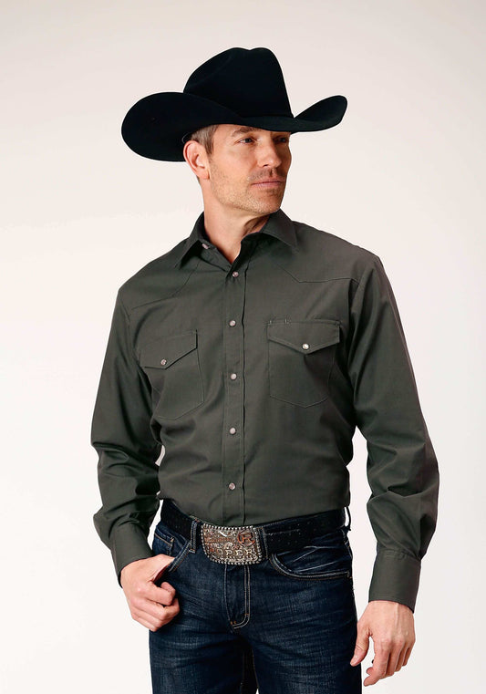 Roper Mens Long Sleeve Snap Dark Charcoal Grey Solid Broadcloth Western Shirt - Roper - Flyclothing LLC